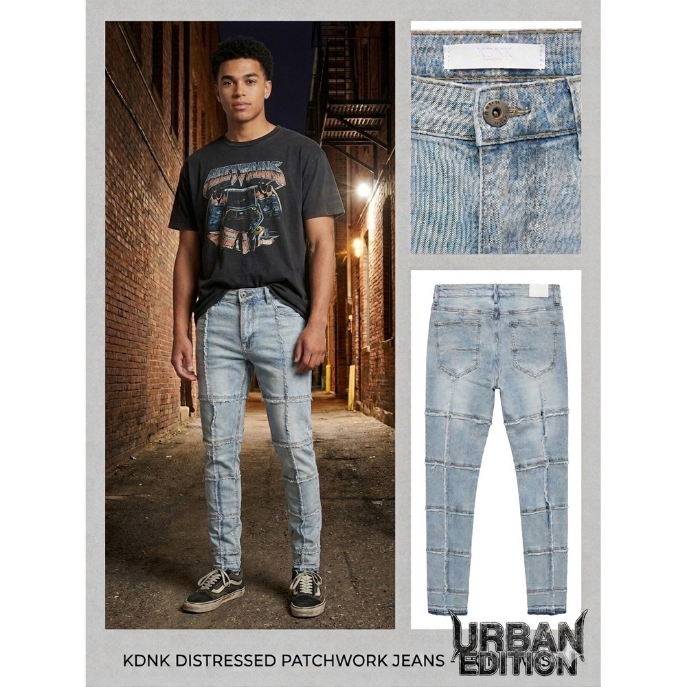 KDNK Mens Patchwork Frayed Seam Denim Jeans Light Wash Slim Fit Size 32